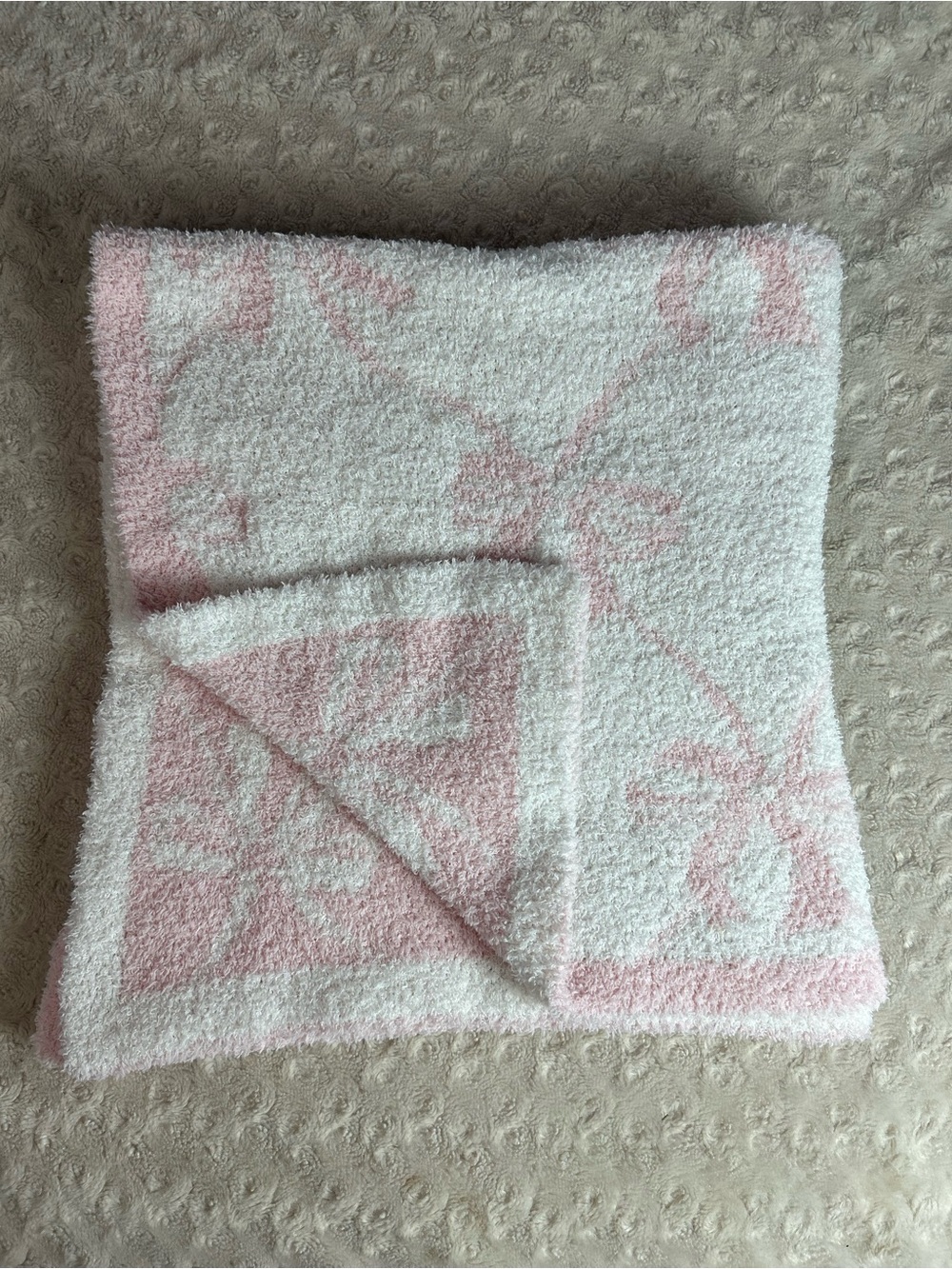 Mud Pie Pink White Bows Baby Blanket Chenille Sweater Knit Soft Lovey